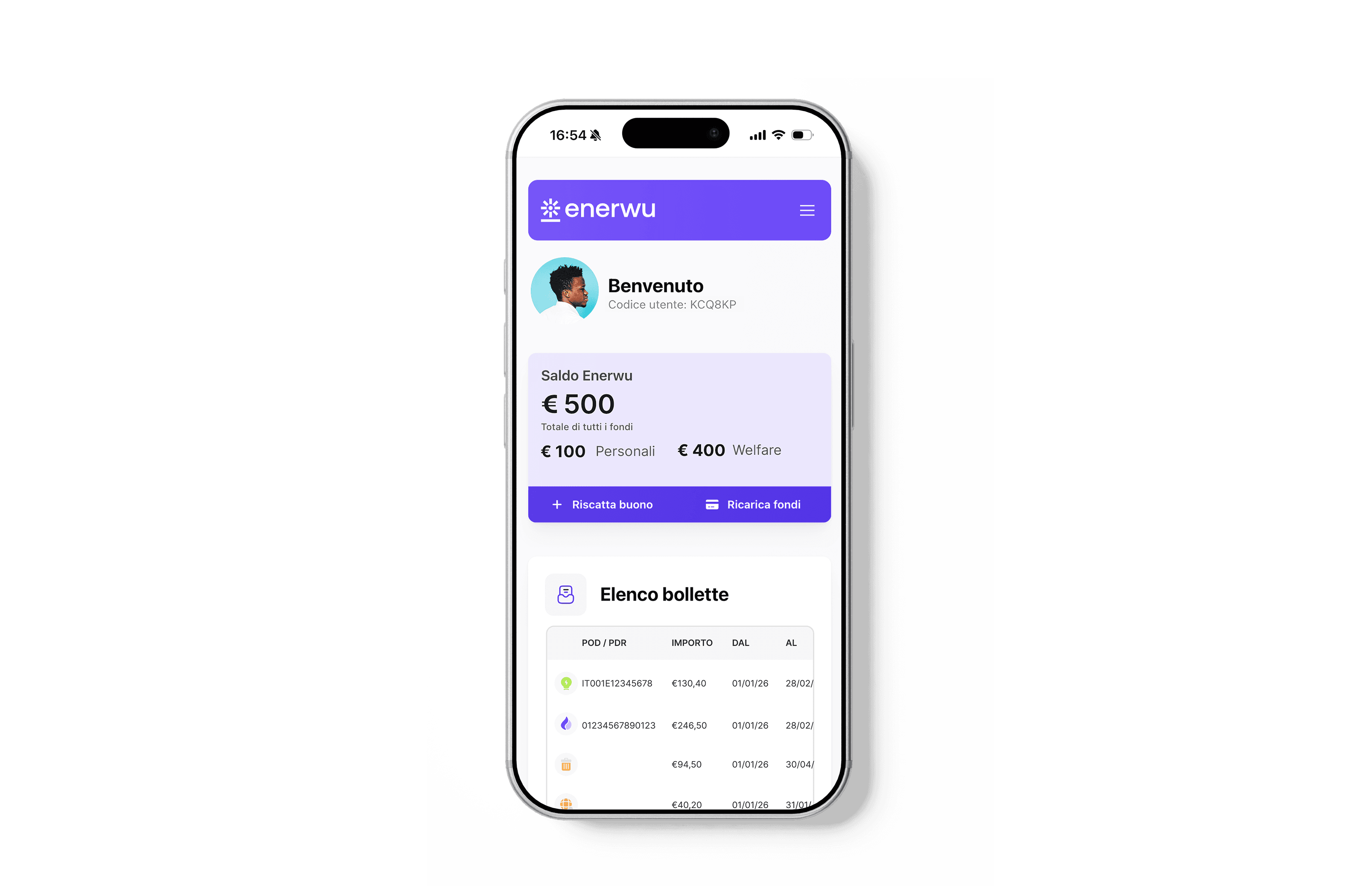 La piattaforma Enerwu sullo smartphone, con saldo e elenco bollette