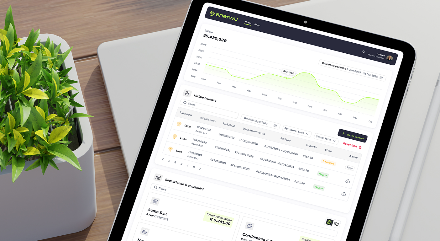 Dashboard con grafico dei consumi e ultime bollette